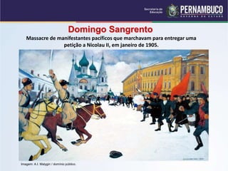 Domingo Sangrento
Massacre de manifestantes pacíficos que marchavam para entregar uma
petição a Nicolau II, em janeiro de 1905.
Imagem: A.I. Malygin / domínio público.
 