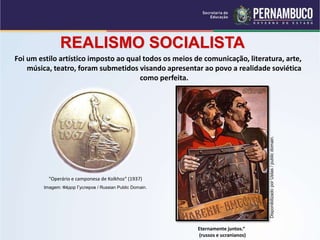 REALISMO SOCIALISTA
Foi um estilo artístico imposto ao qual todos os meios de comunicação, literatura, arte,
música, teatro, foram submetidos visando apresentar ao povo a realidade soviética
como perfeita.
Eternamente juntos.“
(russos e ucranianos)
"Operário e camponesa de Kolkhoz" (1937)
Imagem: Фёдор Гусляров / Russian Public Domain.
Disponibilizado
por
Ustas
/
public
domain.
 