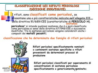 I rifiuti, sono  classificati come pericolosi ,  se presentano una o più caratteristiche indicate nell'allegato III della direttiva 91/689/CEE (caratteristiche di  PERICOLO H ). CLASSIFICAZIONE DEI RIFIUTI PERICOLOSI  (DECISONE 2000/532/CE)‏ Pertanto contengono sostanze pericolose; e per  sostanza  pericolosa ” si intende qualsiasi sostanza che è o sarà classificata come pericolosa ai sensi della direttiva 67/548/CEE e successive modifiche; Tra le sostanze pericolose vengono considerati anche i composti dei  metalli pesanti; classificazione che ha determinato due famiglie di rifiuti pericolosi Rifiuti pericolosi specificatamente nominati o contenenti sostanze specifiche o rifiuti  provenienti da determinati processi di produzione Rifiuti pericolosi classificati per superamento di concentrazioni di sostanze pericolose specificatamente o genericamente nominate; 
