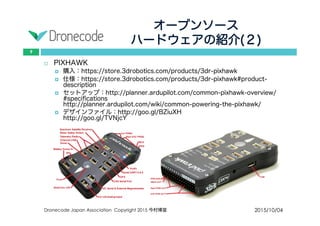 オープンソース
ハードウェアの紹介(２)
2015/10/04Dronecode Japan Association Copyright 2015 今村博宣
9
 PIXHAWK
 購入：https://store.3drobotics.com/products/3dr-pixhawk
 仕様：https://store.3drobotics.com/products/3dr-pixhawk#product-description
 セットアップ：http://planner.ardupilot.com/common-pixhawk-
overview/#specifications
http://planner.ardupilot.com/wiki/common-powering-the-pixhawk/
 デザインファイル：http://goo.gl/BZiuXH
http://goo.gl/TVNjcY
 