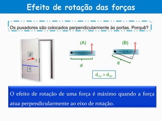 Efeito de rotação das forças
O efeito de rotação de uma força é máximo quando a força
atua perpendicularmente ao eixo de rotação.
Os puxadores são colocados perpendicularmente às portas. Porquê?
d(A) > d(B)
d
(A)
d
(B)
 
