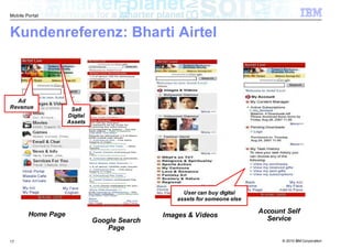 Mobile Portal



Kundenreferenz: Bharti Airtel



  Ad
Revenue              Sell
                    Digital
                    Assets




                                                   User can buy digital
                                                 assets for someone else

        Home Page                                                          Account Self
                                              Images & Videos                Service
                              Google Search
                                  Page
17                                                                               © 2010 IBM Corporation
 