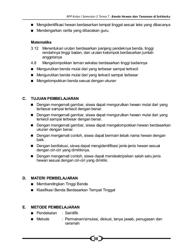 [7] rpp sd kelas 1 semester 2 benda, hewan dan tanaman di 