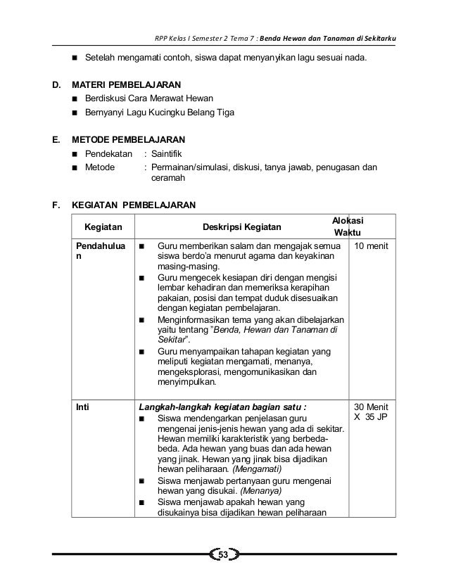 Rpp Sd Kelas 1 Semester 2 Benda Hewan Dan Tanaman Di Sekitarku