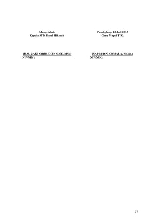 Mengetahui,
Kepala MTs Darul Hikmah

(H.M. ZAKI SIRRUDDIN S, SE, MSi.)
NIP/NIK :

Pandeglang, 22 Juli 2013
Guru Mapel TIK.

(SAPRUDIN KOMALA, SKom.)
NIP/NIK :

97

 