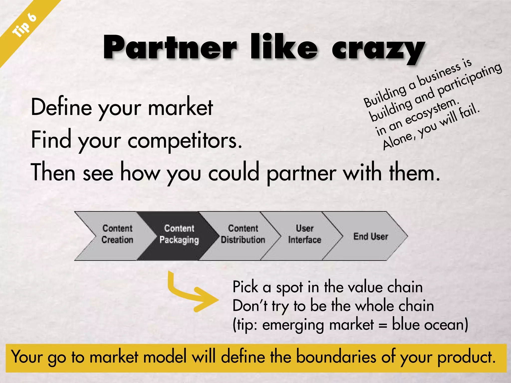 Partner like crazy
Define your market
Find your competitors.
Then see how you could partner with them.
Your go to market model will define the boundaries of your product.
Pick a spot in the value chain
Don’t try to be the whole chain
(tip: emerging market = blue ocean)