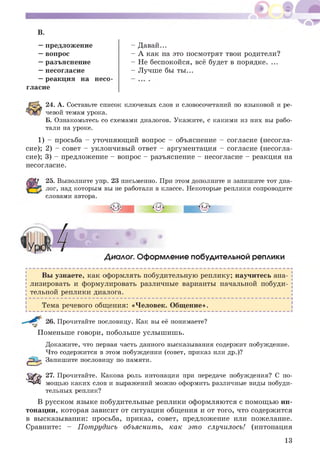 в.
—предложение
—вопрос
—разъяснение
—несогласие
—реакция на несо
гласие
24. А. Составьте список ключевых слов и словосочетаний по языковой и ре­
чевой темам урока.
Б. Ознакомьтесь со схемами диалогов. Укажите, с какими из них вы рабо­
тали на уроке.
1) - просьба - уточняющ ий вопрос - объяснение - согласие (несогла­
сие); 2) - совет - уклончивый ответ - аргументация - согласие (несогла­
сие); 3) - предложение - вопрос - разъяснение - несогласие - реакция на
несогласие.
25. Выполните упр. 23 письменно. При этом дополните и запишите тот диа­
лог, над которым вы не работали в классе. Некоторые реплики сопроводите
словами автора.
Диалог. Оформление побудительной реплики
- Давай...
- А как на это посмотрят твои родители?
- Не беспокойся, всё будет в порядке. ...
- Лучше бы ты ...
Вы узнаете, как оформлять побудительную реплику; научитесь ана­
лизировать и формулировать различные варианты начальной побуди­
тельной реплики диалога.
Тема речевого общения: «Человек. Общ ение».
26. Прочитайте пословицу. Как вы её понимаете?
Поменьше говори, побольше услыш иш ь.
Докажите, что первая часть данного высказывания содержит побуждение.
Что содержится в этом побуждении (совет, приказ или др.)?
Запишите пословицу по памяти.
27. Прочитайте. Какова роль интонации при передаче побуждения? С по-
“'бД1 мощью каких слов и выражений можно оформить различные виды побуди­
тельных реплик?
В русском языке побудительные реплики оформляются с помощ ью ин­
тонации, которая зависит от ситуации общения и от того, что содержится
в высказывании: просьба, приказ, совет, предложение или пожелание.
Сравните: - Пот рудись объяснить, как это случилось! (интонация
13
 