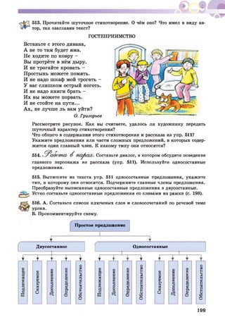513. Прочитайте шуточное стихотворение. О чём оно? Что имел в виду ав­
тор, так озаглавив текст?
ГОСТЕПРИИМСТВО
Встаньте с этого дивана,
А не то там будет яма.
Не ходите по ковру -
Вы протрёте в нём дыру.
И не трогайте кровать -
Простынь можете помять.
И не надо шкаф мой трогать -
У вас слишком острый ноготь.
И не надо книги брать -
Их вы можете порвать.
И не стойте на пути...
А х, не лучше ль вам уйти?
О. Григорьев
Рассмотрите рисунок. Как вы считаете, удалось ли художнику передать
шуточный характер стихотворения?
Что общего в содержании этого стихотворения и рассказа из упр. 511?
Укажите предложения или части сложных предложений, в которых содер­
жится один главный член. К какому типу они относятся?
514. ^^а ^сш о/ Д па^ша>. Составьте диалог, в котором обсудите поведение
главного персонажа из рассказа (упр. 511). Используйте односоставные
предложения.
515. Выпишите из текста упр. 511 односоставные предложения, укажите
тип, к которому они относятся. Подчеркните главные члены предложения.
Преобразуйте выписанные односоставные предложения в двусоставные.
Устно составьте односоставные предложения со словами из рамки (с. 198).
516. А. Составьте список ключевых слов и словосочетаний по речевой теме
урока.
Б. Прокомментируйте схему.
Простое предложение
Двусоставное Односоставные
Ф
ф
а
a
К
ф
Ч
tc
о
К
Ф
о
5
6га
cd
К
О
ф
К
НФ
И
Ч
О
и
о
П
ф
К
Н
Ф
Ч
ф
чф
ft
1=1
О
о
иtn
О
А
4
ф
Ен
05
О
Ен
О
Ю
О
Ф
Ф
Вa
Кф
ч
«
О
В
ф
к
Нф
№
Ч
О
и
о
П
ф
к
м
ф
ч
ф
чф
а
t=i
О
о
п
но
А
Ч
Ф
Н
«
О
Ен
О
ю
О
ф
о
S
!>»га
cd
И
О
ф
н
и
ф
м
ч
о
и
о
ф
к
№
Ф
ч
ф
кф
а
t=i
О
о
п
нО
А
Ч
Ф
н
№
оЕн
О
Ю
О
199
 