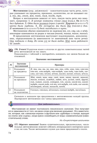 М естоимение (укр. займенник) - самостоятельная часть речи, кото­
рая указывает на предметы, признаки, количество, но не называет их:
я, ты, мы, этот, мой, твой, там, тогда, тут.
Вопрос к местоимению зависит от того, какую часть речи оно заме­
няет, например: 1. В центре комнаты стоял стол (сущ .). Он ( ч т о ? )
был дубовым. 2. Обои были розового (прил.) цвета. Д р угого ( к а к о г о ? )
цвета были гардины. 3. Н а экскурсии мы были два (числит.) дня.
И несколько ( с к о л ь к о ? ) дней находились в пути.
Местоимения обычно изменяются по падежам (он, его, ему, им, о нём),
некоторые изменяются по родам и числам (такой, такая, такое, такие).
В предложении местоимения выступают подлежащими, дополнени­
ями, определениями (в зависимости от заменяемой ими части речи):
Они подошли к дому. И з окна его не было видно. М ой папа работает
на заводе.
176. Учтите! В русском языке в отличие от других самостоятельных частей
“4^1 речи местоимений не так много.
Ознакомьтесь с таблицей и постарайтесь запомнить как можно больше ме­
стоимений.
Значения местоимений
№
Значение
местоимений
Примеры
1 Указывают
на предметы
Я, ты, мы, вы, он, она, оно, они, себя, кто, что, кто-то,
что-то, кто-нибудь, что-нибудь, кто-либо, что-либо, кое-
кто, кое-что, некто, нечто, никто, ничто, некого, нечего.
2 Указывают
на признаки
Мой, твой, наш, ваш, свой, тот, этот, такой, этакий,
таков, всякий, каждый, любой, весь, целый, иной, другой,
сам, самый, какой, который, чей, каков, какой-то, какой-
нибудь, какой-либо, чей-то, чей-нибудь, чей-либо, кое-какой,
некоторый, некий, никакой, ничей.
3 Указывают
на количество
Сколько, столько, несколько, сколько-нибудь, нисколько.
Составьте и запишите три предложения с местоимениями каждой группы.
Подчеркните местоимения как члены предложения.
Для любознательных
Местоимения не имеют постоянного лексического значения. Они получают
его в зависимости от того, на какое слово или явление указывают. Это заместите­
ли, которые, как «запасные игроки» в футболе или «дублёры» в театре, выходят
на «поле» или «сцену», когда нужно «освободить от игры» знаменательное (само­
стоятельное) слово.
Из «Энциклопедии школьника»
177. Обратите внимание! Замена существительных, прилагательных, числи­
тельных местоимениями помогает избежать неоправданного повторения одних
и тех же слов. Также местоимения служат для связи предложений в тексте.
74
 