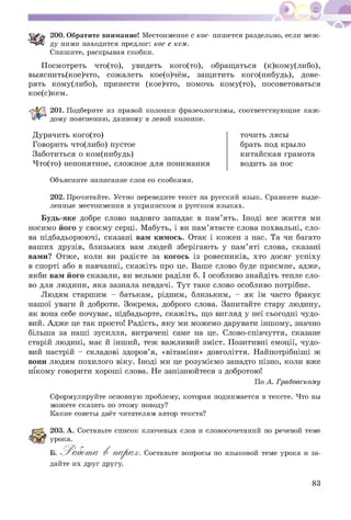 200. Обратите внимание! Местоимение с кое- пишется раздельно, если меж-
‘”чД1 ду ними находится предлог: кое с кем.
Спишите, раскрывая скобки.
П осмотреть что(то), увидеть кого(то), обращаться (к)кому(либо),
выяснить(кое)что, сожалеть кое(о)чём, защитить кого(нибудь), дове­
рять кому(либо), принести (кое)что, помочь кому(то), посоветоваться
кое(с)кем.
201. Подберите из правой колонки фразеологизмы, соответствующие каж­
дому пояснению, данному в левой колонке.
Дурачить кого(то)
Говорить что(либо) пустое
Заботиться о ком(нибудь)
Что(то) непонятное, сложное для понимания
Объясните написание слов со скобками.
точить лясы
брать под крыло
китайская грамота
водить за нос
202. Прочитайте. Устно переведите текст на русский язык. Сравните выде­
ленные местоимения в украинском и русском языках.
Будь-яке добре слово надовго западає в пам’ять. Іноді все ж иття ми
носимо його у своєму серці. Мабуть, і ви пам’ятаєте слова похвальні, сло­
ва підбадьорюючі, сказані вам кимось. Отак і кожен з нас. Та чи багато
ваших друзів, близьких вам людей зберігають у пам’яті слова, сказані
вами? Отже, коли ви радієте за когось із ровесників, хто досяг успіху
в спорті або в навчанні, скаж іть про це. Ваше слово буде приємне, адже,
якби вам його сказали, ви вельми раділи б. І особливо знайдіть тепле сло­
во для людини, яка зазнала невдачі. Тут таке слово особливо потрібне.
Людям старшим - батькам, рідним, близьким, - як їм часто бракує
нашої уваги й доброти. Зокрема, доброго слова. Запитайте стару людину,
як вона себе почуває, підбадьорте, скажіть, що вигляд у неї сьогодні чудо­
вий. Адж е це так просто! Радість, яку ми можемо дарувати іншому, значно
більша за наші зусилля, витрачені саме на це. Слово-співчуття, сказане
старій людині, має й інший, теж важливий зміст. Позитивні емоції, чудо­
вий настрій - складові здоров’я, «вітаміни» довголіття. Найпотрібніші ж
вони людям похилого віку. Іноді ми це розуміємо занадто пізно, коли вже
нікому говорити хорош і слова. Не запізнюйтеся з добротою!
По А. Грабовскому
Сформулируйте основную проблему, которая поднимается в тексте. Что вы
можете сказать по этому поводу?
Какие советы даёт читателям автор текста?
203. А. Составьте список ключевых слов и словосочетаний по речевой теме
урока.
Б. ^ Р абот а В п а р а х. Составьте вопросы по языковой теме урока и за­
дайте их друг другу.
83
 