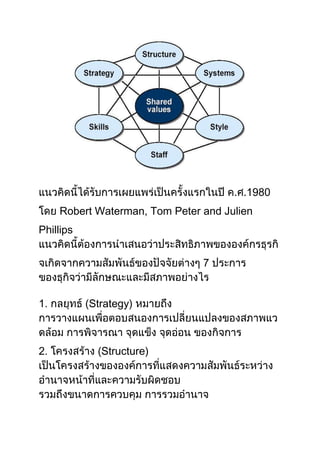 1980
     Robert Waterman, Tom Peter and Julien
Phillips


                                7


1.         Strategy)



2.           Structure)
 