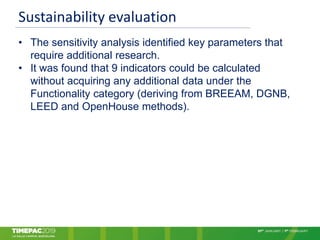 Sustainability evaluation
• The sensitivity analysis identified key parameters that
require additional research.
• It was found that 9 indicators could be calculated
without acquiring any additional data under the
Functionality category (deriving from BREEAM, DGNB,
LEED and OpenHouse methods).
 