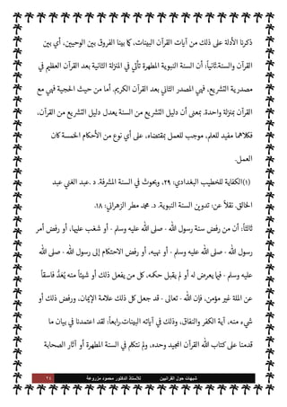 ٢٣ ‫ﺷﺑﻬﺎﺕ‬
‫ﺍﻟﻘﺭﺍﻧﻳﻳﻥ‬ ‫ﺣﻭﻝ‬
‫ﻟﻸ‬
‫ﺳﺗﺎﺫ‬
‫ﻣﺯﺭﻭﻋﺔ‬ ‫ﻣﺣﻣﻭﺩ‬ ‫ﺍﻟﺩﻛﺗﻭﺭ‬
‫الكفاية‬

'‫بقو‬ ‫اوضوع‬ ‫’ذا‬
 :
 ‫كتاب‬ »‫ح‬  
‫ب‬ ‫التسوية‬ 


– ‫جاء‬ ‫ما‬
-
.‫تعا‬
-
»‫وح‬
 ‫رسول‬ ‫سنة‬
-
‫وس‬ ‫عليه‬  ,‫ص‬
A

‫والسنة‬ ‫القرآن‬ ‫أن‬ .‫إ‬ ‫العنوان‬ ‫ذا‬ N
b 

J‫يش‬
‫عية‬ `
}‫ال‬ ‫حŠم‬
—
M‫ا‬ ‫إثبات‬ 


– ‫جية‬%‫ا‬ ‫حيث‬ ‫من‬ ‫واحدة‬ ‫مرتبة‬ 


– ‫ن‬ 

‘‫متساو‬
.
‫قال‬ ‫وقد‬
‫كتابه‬ 


– ‫الق‬%‫ا‬ ‫عبد‬ 


z‫الغ‬ ‫عبد‬ ‫الدكتور‬

‫السنة‬ ‫ية‬ N
ë

‫مرتبة‬ 


– ‫والكتاب‬ ‫السنة‬ ‫إن‬
,‫ع‬ ‫ما‬ N
b ‫حتجاج‬M‫وا‬ ‫عتبار‬M‫ا‬ ‫حيث‬ ‫من‬ ‫واحدة‬
‫لبيان‬‫و‬ ،‫عية‬ `
}‫ال‬ ‫حŠم‬
—
M‫ا‬
‫نقول‬ ‫ذلك‬
:
‫عن‬ ‫تاز‬ 

‡ ‫الكتاب‬ ‫أن‬ 


– ‫اع‬ 
G M ‫أنه‬ ‫اعلوم‬ ‫من‬
 ‫عند‬ ‫من‬ ‫ل‬ 
J‫م‬ ‫لفظه‬ ‫أن‬ 


– ‫ا‬ 
O‫ع‬ ‫ويفضل‬ ‫السنة‬
-
.‫وتعا‬ ‫سبحانه‬
-
،‫وته‬0‫بت‬ ‫متعبد‬
‫لكن‬ ، 

v‫النوا‬ ‫هذه‬ ‫من‬ ‫الفضل‬ 


– ‫عنه‬ ‫متأخرة‬ 


ô ،‫ا‬

¡0 N
x ،T‫ث‬ N
‡ ‫توا‬
—


‘ ‫أن‬ `
}‫للب‬ ‫معجر‬
‫ن‬
—
N
‘ ،‫جية‬%‫ا‬ 


– ‫ما‬ 
O‫بي‬ ‫التفضيل‬ ‫يوجب‬ M ‫ذلك‬
،‫الكتاب‬ ‫عن‬ ‫متأخرة‬ ‫السنة‬ ‫مرتبة‬ ‫تكون‬
‫كذلك‬ ‫مر‬
—
M‫ا‬ ‫ن‬u ‫ا‬ ‡‫وإ‬ ،‫وحده‬ ‫به‬ ‫ويعمل‬
-
‫جية‬%‫ا‬ ‫مرتبة‬ 


– ‫للكتاب‬ ‫السنة‬ IT‫ث‬è ‫أي‬
-
 ‫عند‬ ‫من‬
ً
‫وحيا‬ ‫كونه‬ ‫من‬ ‫جاءت‬ ‫ا‬ ‡‫إ‬ ‫الكتاب‬ ‫ية‬ N
ë ‫ن‬
—
M
-
‫سبحانه‬
-
‫مساوية‬ ‫والسنة‬
T‫مث‬ 


ô ‫الناحية‬ ‫هذه‬ ‫من‬ ‫للقرآن‬
) 
١
. (
‫الس‬ ‫ية‬ N
ë ‫عن‬ ‫حديث‬ ‫من‬ ‫تقدم‬ è
‫من‬ ‫ا‬ I
O‫ومŠن‬ ‫نة‬
‫تية‬
¿
M‫ا‬ ‫مور‬
—
M‫ا‬ ‫لنا‬ ‫تتضح‬ ‫يع‬ `
}‫الت‬
:
ً
M‫أو‬
:
 ‫عند‬ ‫من‬ 

v‫الو‬ ‫أن‬
-
.‫تعا‬
-
'‫رسو‬ .‫إ‬
-
,‫ص‬
A‫وس‬ ‫عليه‬ 
-
‫وقد‬ ،‫يفة‬ `
}‫ال‬ ‫النبوية‬ ‫السنة‬ ‫هو‬ 

v‫وو‬ ،‫يد‬N^‫ا‬ ‫القرآن‬ ‫هو‬ 

v‫و‬ ،‫وحيان‬
 