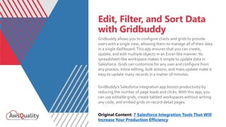 Edit, Filter, and Sort Data
with Gridbuddy
Gridbuddy allows you to configure charts and grids to provide
users with a single view, allowing them to manage all of their data
in a single dashboard.This app ensures that you can create,
update, and edit multiple objects in an Excel-like manner. Its
spreadsheet-like workspace makes it simple to update data in
Salesforce. Grids can customize for any user and configure from
any process. Inline editing, bulk actions, and mass update make it
easy to update many records in a matter of minutes.
GridBuddy’s Salesforce integration app boosts productivity by
reducing the number of page loads and clicks.With this app, you
can use editable grids, create tabbed workspaces without writing
any code, and embed grids on record detail pages.
Original Content: 7 Salesforce Integration Tools That Will
Increase Your Production Efficiency
 