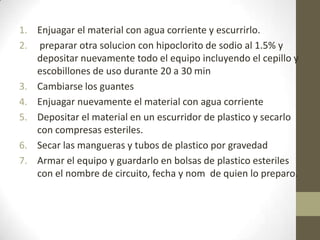 1. Enjuagar el material con agua corriente y escurrirlo.
2. preparar otra solucion con hipoclorito de sodio al 1.5% y
depositar nuevamente todo el equipo incluyendo el cepillo y
escobillones de uso durante 20 a 30 min
3. Cambiarse los guantes
4. Enjuagar nuevamente el material con agua corriente
5. Depositar el material en un escurridor de plastico y secarlo
con compresas esteriles.
6. Secar las mangueras y tubos de plastico por gravedad
7. Armar el equipo y guardarlo en bolsas de plastico esteriles
con el nombre de circuito, fecha y nom de quien lo preparo.

 