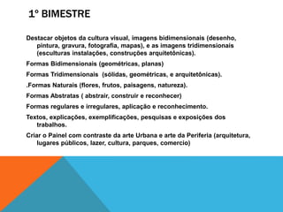 1º BIMESTRE
Destacar objetos da cultura visual, imagens bidimensionais (desenho,
pintura, gravura, fotografia, mapas), e as imagens tridimensionais
(esculturas instalações, construções arquitetônicas).
Formas Bidimensionais (geométricas, planas)
Formas Tridimensionais (sólidas, geométricas, e arquitetônicas).
.Formas Naturais (flores, frutos, paisagens, natureza).
Formas Abstratas ( abstrair, construir e reconhecer)
Formas regulares e irregulares, aplicação e reconhecimento.
Textos, explicações, exemplificações, pesquisas e exposições dos
trabalhos.
Criar o Painel com contraste da arte Urbana e arte da Periferia (arquitetura,
lugares públicos, lazer, cultura, parques, comercio)
 