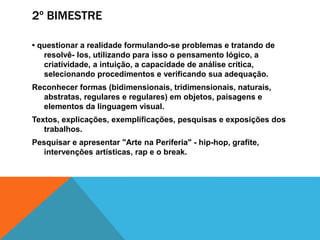2º BIMESTRE
• questionar a realidade formulando-se problemas e tratando de
resolvê- los, utilizando para isso o pensamento lógico, a
criatividade, a intuição, a capacidade de análise crítica,
selecionando procedimentos e verificando sua adequação.
Reconhecer formas (bidimensionais, tridimensionais, naturais,
abstratas, regulares e regulares) em objetos, paisagens e
elementos da linguagem visual.
Textos, explicações, exemplificações, pesquisas e exposições dos
trabalhos.
Pesquisar e apresentar "Arte na Periferia" - hip-hop, grafite,
intervenções artísticas, rap e o break.
 