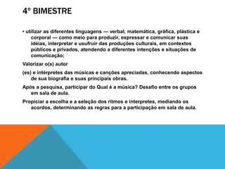 4º BIMESTRE
• utilizar as diferentes linguagens — verbal, matemática, gráfica, plástica e
corporal — como meio para produzir, expressar e comunicar suas
idéias, interpretar e usufruir das produções culturais, em contextos
públicos e privados, atendendo a diferentes intenções e situações de
comunicação;
Valorizar o(s) autor
(es) e intérpretes das músicas e canções apreciadas, conhecendo aspectos
de sua biografia e suas principais obras.
Após a pesquisa, participar do Qual é a música? Desafio entre os grupos
em sala de aula.
Propiciar a escolha e a seleção dos ritmos e interpretes, mediando os
acordos, determinando as regras para a participação em sala de aula.
 
