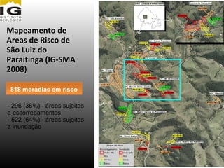 Mapeamento de
Areas de Risco de
São Luiz do
Paraitinga (IG-SMA
2008)

 818 moradias em risco

- 296 (36%) - áreas sujeitas
a escorregamentos
- 522 (64%) - áreas sujeitas
a inundação
 