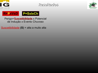 Resultados

 R=PxVxD          P=SxIxCh
  Perigo=Suscetibilidade x Potencial
    de Indução x Evento Chuvoso

Suscetibilidade (S) = alta a muito alta
 