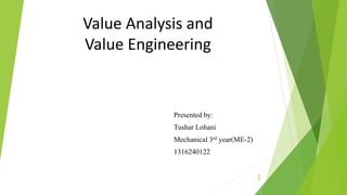 Value Analysis and
Value Engineering
Presented by:
Tushar Lohani
Mechanical 3rd year(ME-2)
1316240122
1
 