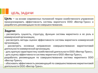 ЦЕЛЬ, ЗАДАЧИ
Задачи:
- рассмотреть сущность, структуру, функции системы маркетинга и ее роль в
коммерческой организации;
- рассмотреть методы оценки эффективности системы маркетинга коммерческой
организации;
- рассмотреть основные направления совершенствования маркетинговой
деятельности коммерческой организации;
- дать краткую характеристику хозяйственной деятельности ООО «Вектор-Транс»;
- дать оценку эффективности системы маркетинга ООО «Вектор-Транс»;
разработать рекомендации по совершенствованию системы маркетинга ООО
«Вектор-Транс»;
- обосновать эффективность рекомендаций по совершенствованию маркетинговой
деятельности ООО «Вектор-Транс».
2
Цель – на основе современных положений теории хозяйственного управления
проанализировать эффективность системы маркетинга ООО «Вектор-Транс» и
разработать рекомендации по ее совершенствованию.
 