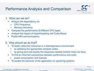 Performance Analysis and Comparison
© 2014 science + computing agDr. Fisnik Kraja | f.kraja@science-computing.de
1. What can we do?
 Analyze the dependency on:
• CPU Frequency
• Memory Hierarchy
 Compare the performance of different CPU types
 Analyze the impact of Hyperthreading and Turbo Boost
 Profile MPI communications
2. Why should we do that?
 To better utilize the resources in a heterogeneous environment
• by selecting the appropriate compute nodes
• by giving each job exactly the resources needed (neither more nor less)
 To find an informed compromise between performance and costs
• power consumption and licenses
 To predict the behavior of the application on upcoming systems
10/22
 