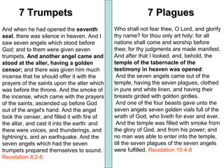 And when he had opened the seventh
seal, there was silence in heaven. And I
saw seven angels which stood before
God; and to them were given seven
trumpets. And another angel came and
stood at the alter, having a golden
censor; and there was given him much
incense that he should offer it with the
prayers of the saints upon the alter which
was before the throne. And the smoke of
the incense, which came with the prayers
of the saints, ascended up before God
out of the angel's hand. And the angel
took the censer, and filled it with fire of
the altar, and cast it into the earth: and
there were voices, and thunderings, and
lightning's, and an earthquake. And the
seven angels which had the seven
trumpets prepared themselves to sound.
Revelation 8:2-6
Who shall not fear thee, O Lord, and glorify
thy name? for thou only art holy: for all
nations shall come and worship before
thee; for thy judgments are made manifest.
And after that I looked, and, behold, the
temple of the tabernacle of the
testimony in heaven was opened:
And the seven angels came out of the
temple, having the seven plagues, clothed
in pure and white linen, and having their
breasts girded with golden girdles.
And one of the four beasts gave unto the
seven angels seven golden vials full of the
wrath of God, who liveth for ever and ever.
And the temple was filled with smoke from
the glory of God, and from his power; and
no man was able to enter into the temple,
till the seven plagues of the seven angels
were fulfilled. Revelation 15:4-8
7 Trumpets7 Trumpets 7 Plagues7 Plagues
 