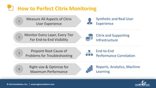 © eG Innovations, Inc. | www.eginnovations.com
Synthetic and Real User
Experience
Citrix and Supporting
Infrastructure
End-to-End
Performance Correlation
Reports, Analytics, Machine
Learning
Monitor Every Layer, Every Tier
For End-to-End Visibility
Pinpoint Root Cause of
Problems for Troubleshooting
Right-size & Optimize for
Maximum Performance
Measure All Aspects of Citrix
User Experience
1
2
3
4
How to Perfect Citrix Monitoring
 
