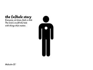 Everyone, at times, feels a void.
The trick is to ﬁll the hole
with things that matter.
the (w)hole story
Malcolm D.1
 