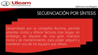 SECUENCIACIÓN POR SÍNTESIS
Desarrollado por la compañía Illumina, permite
abaratar costos y ofrecer lecturas mas largas, sin
embargo, se requiere de una gran inversion
inicial y de mantenimiento, para poder adquirir y
mantener uno de los equipos que ofrece.
.
 