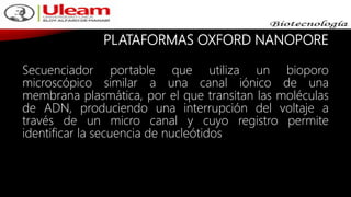 PLATAFORMAS OXFORD NANOPORE
Secuenciador portable que utiliza un bioporo
microscópico similar a una canal iónico de una
membrana plasmática, por el que transitan las moléculas
de ADN, produciendo una interrupción del voltaje a
través de un micro canal y cuyo registro permite
identificar la secuencia de nucleótidos
 