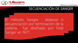 SECUENCIACIÓN DE SANGER
El método Sanger, didesoxi o
secuenciación por terminación de la
cadena, fue diseñado por Fred
Sanger en 1977.
 