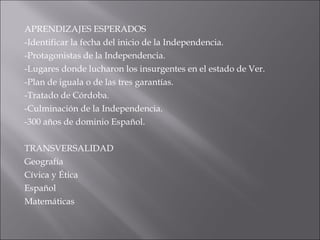 APRENDIZAJES ESPERADOS -Identificar la fecha del inicio de la Independencia. -Protagonistas de la Independencia. -Lugares donde lucharon los insurgentes en el estado de Ver. -Plan de iguala o de las tres garantías. -Tratado de Córdoba. -Culminación de la Independencia. -300 años de dominio Español. TRANSVERSALIDAD Geografía Cívica y Ética Español Matemáticas 