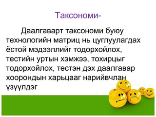 Таксономи-
    Даалгаварт таксономи буюу
технологийн матриц нь цуглуулагдах
ѐстой мэдээллийг тодорхойлох,
тестийн уртын хэмжээ, тохирцыг
тодорхойлох, тестэн дэх даалгавар
хоорондын харьцааг нарийвчлан
үзүүлдэг
 