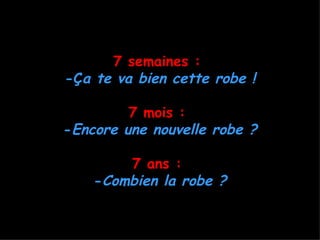 7 semaines :
-Ça te va bien cette robe !

         7 mois :
-Encore une nouvelle robe ?

        7 ans :
    -Combien la robe ?
 