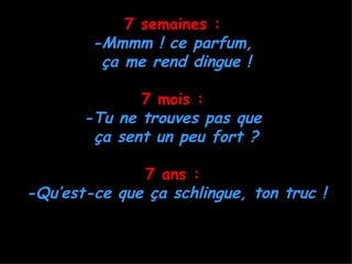 7 semaines :
        -Mmmm ! ce parfum,
         ça me rend dingue !

              7 mois :
       -Tu ne trouves pas que
        ça sent un peu fort ?

              7 ans :
-Qu’est-ce que ça schlingue, ton truc !
 