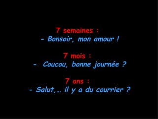 7 semaines :
   - Bonsoir, mon amour !

         7 mois :
 - Coucou, bonne journée ?

           7 ans :
- Salut,… il y a du courrier ?
 