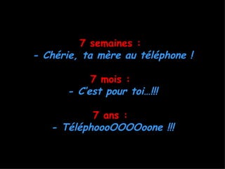 7 semaines :
- Chérie, ta mère au téléphone !

           7 mois :
      - C’est pour toi…!!!

           7 ans :
   - TéléphoooOOOOoone !!!
 