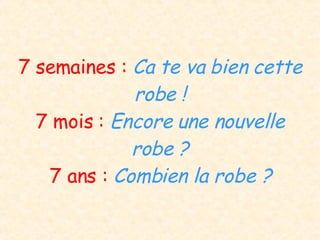 7 semaines :  Ca te va bien cette robe ! 7 mois :  Encore une nouvelle robe ? 7 ans :  Combien la robe ? 