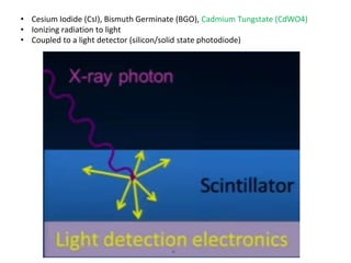 • Cesium Iodide (CsI), Bismuth Germinate (BGO), Cadmium Tungstate (CdWO4)
• Ionizing radiation to light
• Coupled to a light detector (silicon/solid state photodiode)
 