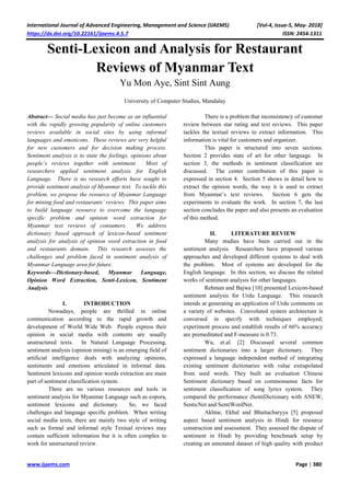 Senti-Lexicon and Analysis for Restaurant Reviews of Myanmar Text | PDF ...