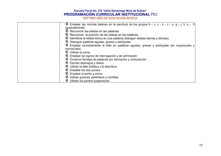 Escuela Fiscal No. 270 “Delia Samaniego Mora de Suárez”

PROGRAMACIÓN CURRICULAR INSTITUCIONAL PCI
SÉPTIMO AÑO DE EDUCACIÓN BASICA.
Emplear las normas básicas en la escritura de los grupos b - v, c - s - z - x, g - j, h, y - ll
(gradualmente)
Reconocer las sílabas en las palabras.
Reconocer la posición de las sílabas en las palabras.
Identificar la sílaba tónica en una palabra( distinguir sílabas átonas y tónicas).
Distinguir palabras agudas, graves y esdrújulas.
Emplear correctamente la tilde en palabras agudas, graves y esdrújulas (en mayúsculas y
minúsculas).
Utilizar la coma.
Emplear los signos de interrogación y de admiración.
Construir familias de palabras por derivación y composición.
Escribir diptongos y hiatos.
Utilizar la tilde enfática y la diacrítica.
Emplear los dos puntos.
Emplear el punto y coma.
Utilizar guiones, paréntesis y comillas.
Utilizar los puntos suspensivos

15

 