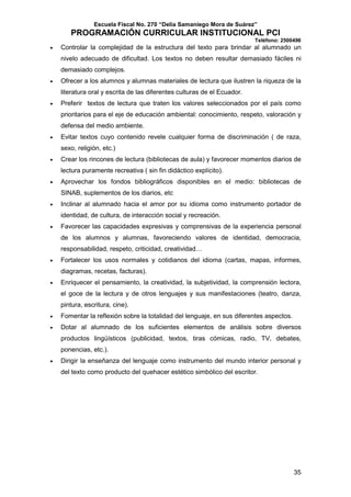 Escuela Fiscal No. 270 “Delia Samaniego Mora de Suárez”

PROGRAMACIÓN CURRICULAR INSTITUCIONAL PCI
Teléfono: 2500496
•

Controlar la complejidad de la estructura del texto para brindar al alumnado un
nivelo adecuado de dificultad. Los textos no deben resultar demasiado fáciles ni
demasiado complejos.

•

Ofrecer a los alumnos y alumnas materiales de lectura que ilustren la riqueza de la
literatura oral y escrita de las diferentes culturas de el Ecuador.

•

Preferir textos de lectura que traten los valores seleccionados por el país como
prioritarios para el eje de educación ambiental: conocimiento, respeto, valoración y
defensa del medio ambiente.

•

Evitar textos cuyo contenido revele cualquier forma de discriminación ( de raza,
sexo, religión, etc.)

•

Crear los rincones de lectura (bibliotecas de aula) y favorecer momentos diarios de
lectura puramente recreativa ( sin fin didáctico explícito).

•

Aprovechar los fondos bibliográficos disponibles en el medio: bibliotecas de
SINAB, suplementos de los diarios, etc

•

Inclinar al alumnado hacia el amor por su idioma como instrumento portador de
identidad, de cultura, de interacción social y recreación.

•

Favorecer las capacidades expresivas y comprensivas de la experiencia personal
de los alumnos y alumnas, favoreciendo valores de identidad, democracia,
responsabilidad, respeto, criticidad, creatividad…

•

Fortalecer los usos normales y cotidianos del idioma (cartas, mapas, informes,
diagramas, recetas, facturas).

•

Enriquecer el pensamiento, la creatividad, la subjetividad, la comprensión lectora,
el goce de la lectura y de otros lenguajes y sus manifestaciones (teatro, danza,
pintura, escritura, cine).

•

Fomentar la reflexión sobre la totalidad del lenguaje, en sus diferentes aspectos.

•

Dotar al alumnado de los suficientes elementos de análisis sobre diversos
productos lingüísticos (publicidad, textos, tiras cómicas, radio, TV, debates,
ponencias, etc.).

•

Dirigir la enseñanza del lenguaje como instrumento del mundo interior personal y
del texto como producto del quehacer estético simbólico del escritor.

35

 