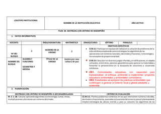 LOGOTIPO INSTITUCIONAL
NOMBRE DE LA INSTITUCIÓN EDUCATIVA AÑO LECTIVO
PLAN DE DESTREZAS CON CRITERIO DE DESEMPEÑO
1. DATOS INFORMATIVOS
DOCENTE: ÁREA/ASIGNATURA: MATEMÁTICA GRADO/CURSO: SÉPTIMO PARALELO:
Nº DEL
BLOQUE
2
NÚMERO DE LA
UNIDAD 2
OBJETIVOS ESPECÍFICOS
 O.M.3.2. Participarenequiposde trabajoenla soluciónde problemasde la
vidacotidianaempleandocomoestrategiaslosalgoritmosde las
operacionesconnúmerosnaturales,decimalesyfracciones,latecnologíay
losconceptosde proporcionalidad.
 O.M.3.4. Descubrirendiversosjuegosinfantiles,en edificaciones,enobjetos
culturales, entre otros, patrones geométricos para apreciar la matemática y
fomentar la perseverancia en la búsqueda de soluciones a situaciones
cotidianas.
 OE1. Comunidades educativas con capacidad para
transversalizar el enfoque ambiental e implementar proyectos
educativos ambientales y ambientales comunitarios.
 OE2. Estudiantes se apropian de prácticas ambientales que
contribuyen a generar un entorno local y global saludable y
sostenible.
NOMBRE DEL
BLOQUE
ALGEBRA Y
FUNCIONES
GEOMETRÍA Y
MEDIDA
TÍTULO DE LA
UNIDAD
Juntos por una
cultura de paz
2. PLANIFICACIÓN
DESTREZAS CON CRITERIO DE DESEMPEÑO A SER DESARROLLADAS CRITERIO DE EVALUACIÓN
M. 3. 1. 28. Calcular,aplicandoalgoritmosylatecnología,sumas,restas,
multiplicacionesydivisionesconnúmerosdecimales.
CE.M.3.5. Plantea problemas numéricos en los que intervienen números naturales,
decimalesofraccionarios,asociadosasituacionesdelentorno;parael planteamiento
emplea estrategias de cálculo mental, y para su solución, los algoritmos de las
 