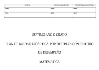 DOCENTE COORDINADOR/A DE ÁREA VICERRECTOR (A) /SUBDIRECTOR(A)
FIRMA FIRMA FIRMA
FECHA FECHA FECHA
SÉPTIMO AÑO O GRADO
PLAN DE UNIDAD DIDÁCTICA POR DESTREZA CON CRITERIO
DE DESEMPEÑO
MATEMÁTICA
 