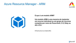 #AzureR
Azure Resource Manager - ARM
O que é um modelo ARM?
Um modelo ARM é uma maneira de implantar
um recurso individual ou um grupo de recursos
completo por meio do Powershell, C #, Ruby ou
até a CLI.
Infrastructure-as-Code	(IAC)	
 