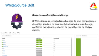#AzureR
WhiteSource Bolt
Garantir	a	conformidade	da	licença	
	
O	WhiteSource	detecta	todas	as	licenças	de	seus	componentes	
de	código	aberto	e	fornece	seu	link	de	referência	de	licença,	
conforme	exigido	nos	relatórios	de	due	diligence	de	código	
aberto.		
 