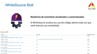 #AzureR
WhiteSource Bolt
Relatórios	de	inventário	atualizados	e	automatizados	
	
O	WhiteSource	analisa	seu	uso	de	código	aberto	toda	vez	que	
você	executa	sua	compilação.		
 
