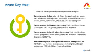 #AzureR
Azure Key Vault
O	Azure	Key	Vault	ajuda	a	resolver	os	problemas	a	seguir:	
	
Gerenciamento	de	Segredos	–	O	Azure	Key	Vault	pode	ser	usado	
para	armazenar	com	segurança	e	controlar	firmemente	o	acesso	a	
tokens,	senhas,	certificados,	chaves	de	API	e	outros	segredos	
	
Gerenciamento	de	Chaves	–	O	Azure	Key	Vault	também	pode	ser	
usado	como	uma	solução	de	gerenciamento	de	chaves.		
	
Gerenciamento	de	Certificado	–	O	Azure	Key	Vault	também	é	um	
serviço	que	permite	provisionar,	gerenciar	e	implantar	certificados	
de	protocolo	SSL/TLS,	
	
Armazenar	segredos	com	suporte	de	módulos	de	segurança	de	
hardware	–	As	chaves	e	os	segredos	podem	ser	protegidos	por	
software	ou	FIPS	140-2	Nível	2	que	valida	HSMs	
 